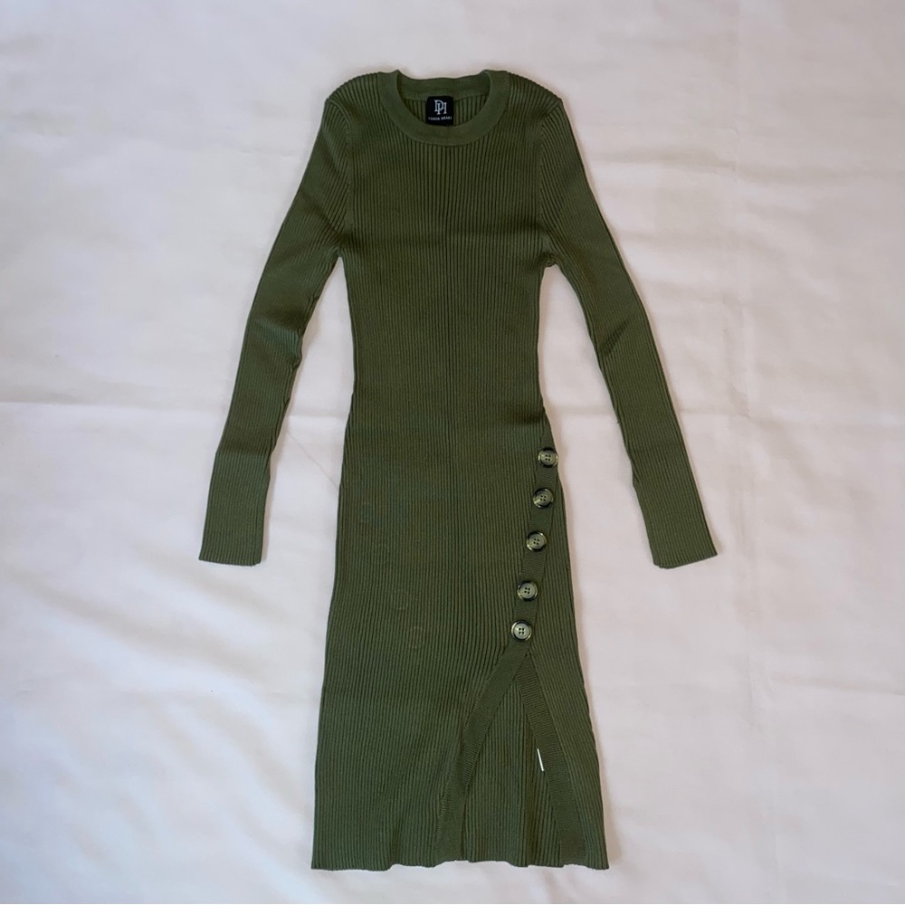 Olive Green Long Sleeve Ribbed Bodycon Midi Dress, XL